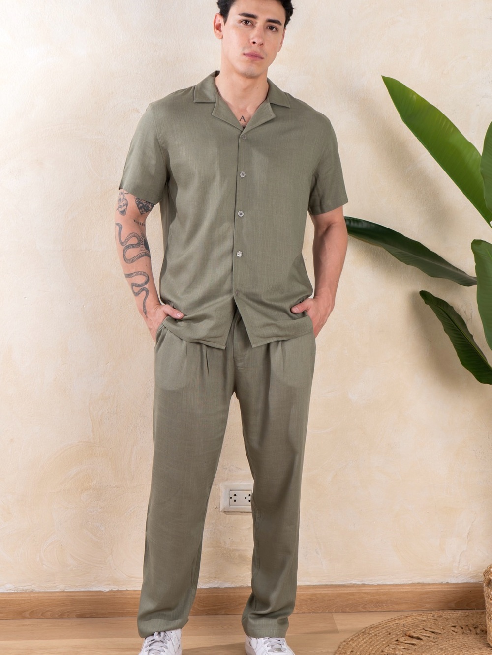Men’s Olive Green Linen Set | Resort Vacation Beach Outfit